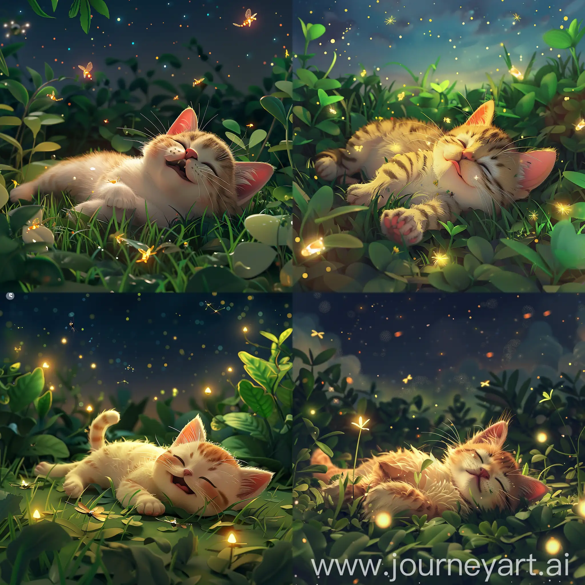 A cute little cat is sleeping on the grass, surrounded by fireflies and stars in the sky. The background features cartoon-style characters with soft lighting, creating an adorable atmosphere. This scene was created using C4D software, featuring high-definition rendering and a 32K resolution. It showcases the best quality of animation artistry. A detailed illustration of a chubby kitten lying down, with closed eyes and mouth open, surrounded by green plants under starry night skies in the style of animation artistry.
