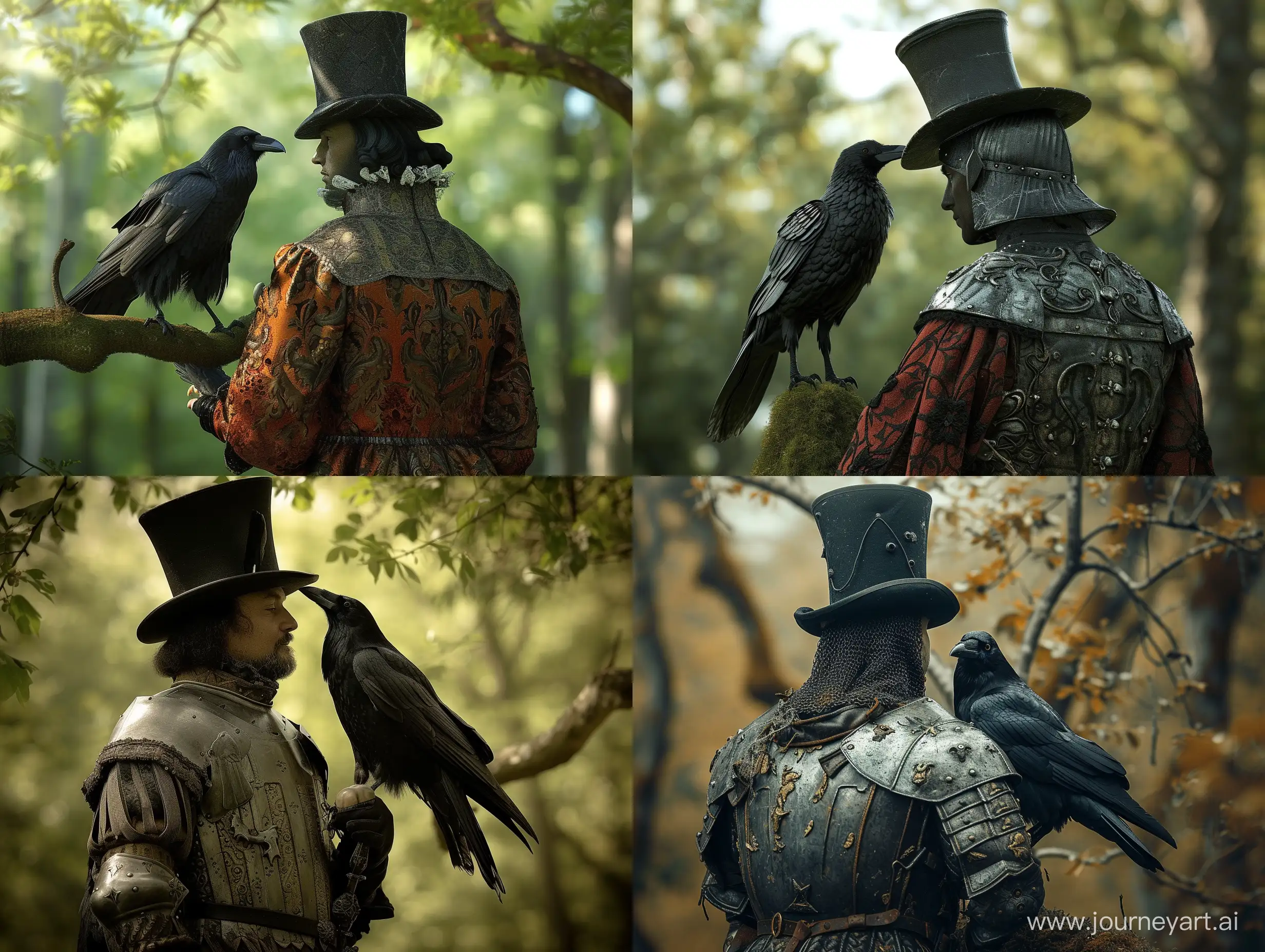 A man wearing a top hat and a medieval European suit is standing in the forest A crow is sitting on the man