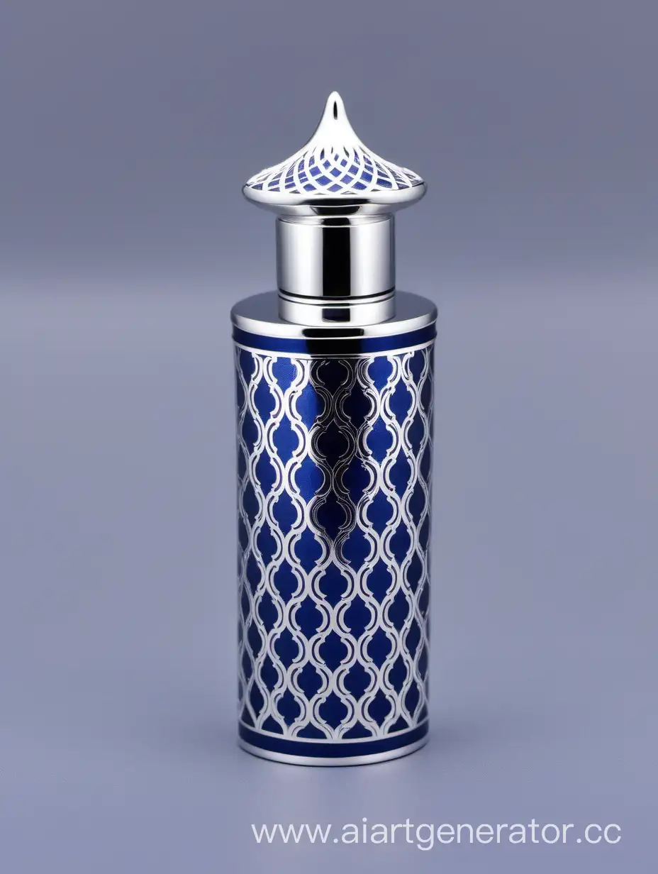 Zamac Perfume decorative ornamental long cap, SHINY DARK BLUE color with matt WHITE border line arabesque pattern shaped | metallizing finish