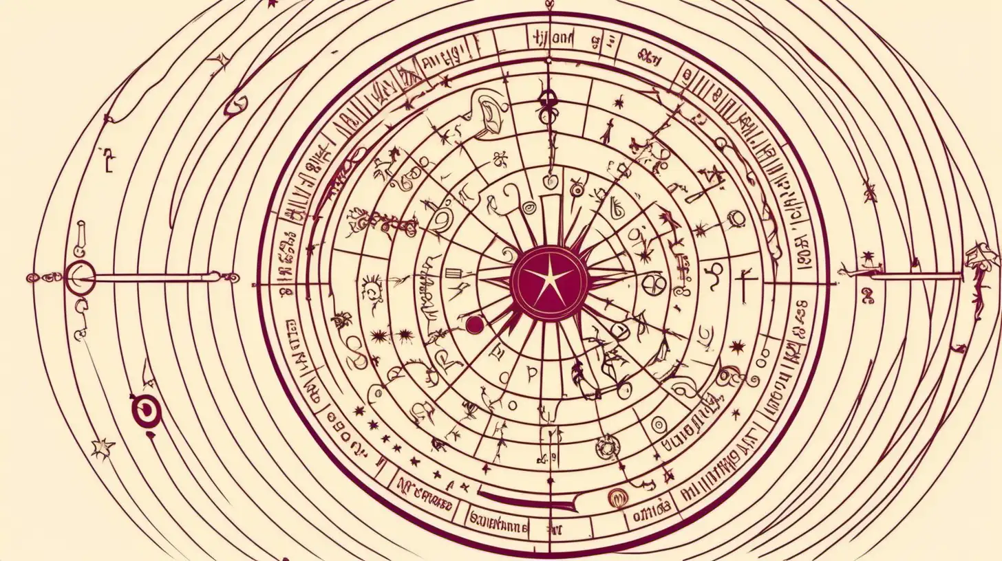 astrological wheel,  key vectors flying around the wheel, loose lines, loose lines, burgundy