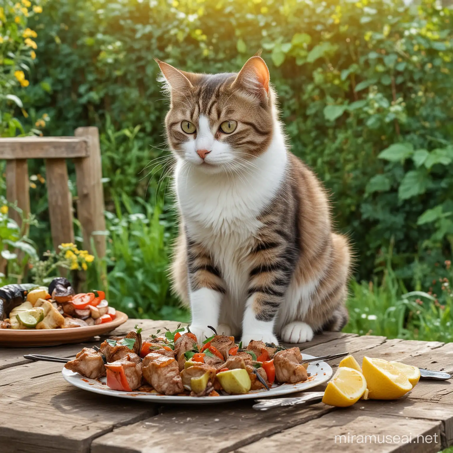 Cat Eating Shashlik on Garden Table