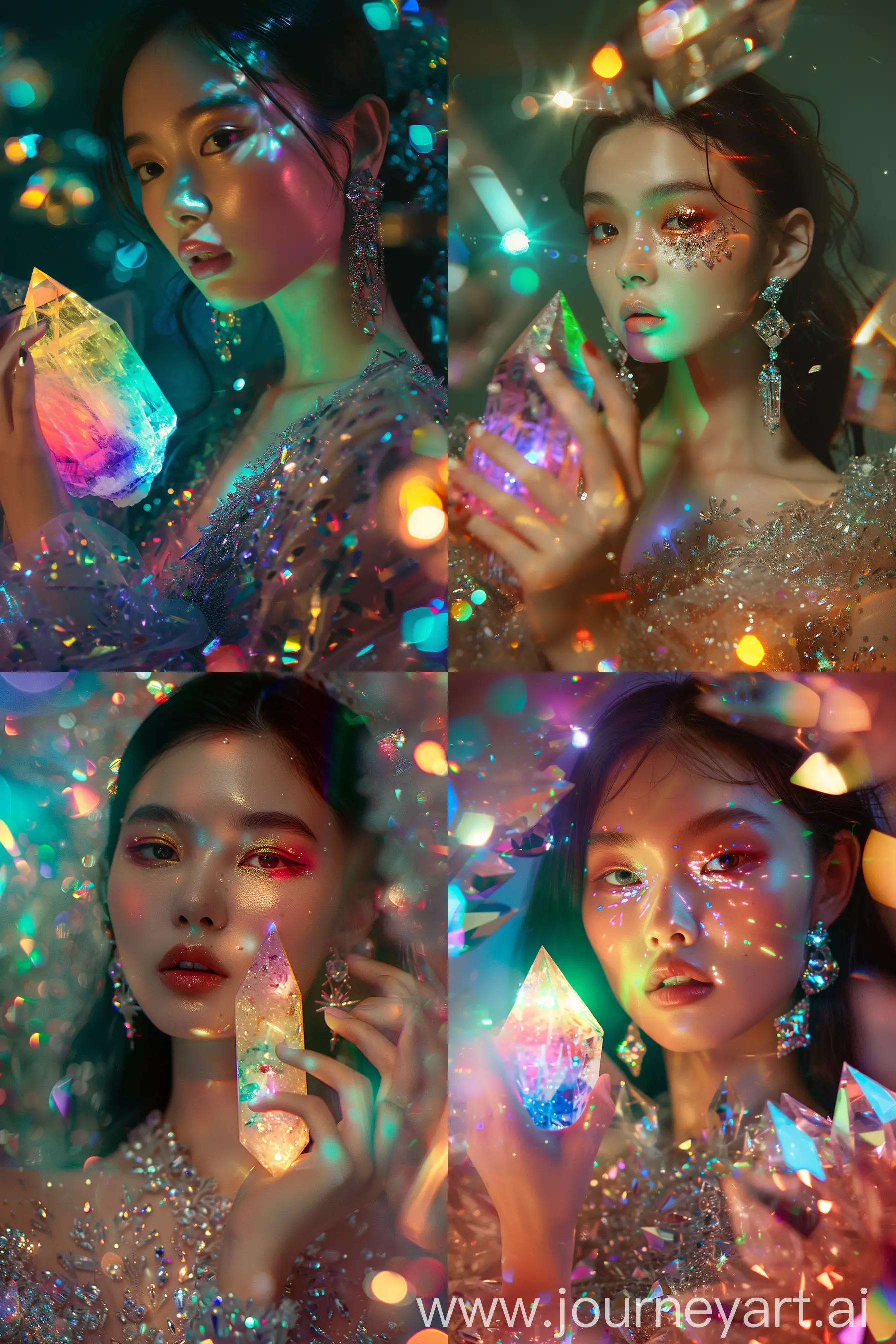 
photo of a glamorous Japanese model wearing a crystal earrings, haute couture crystal gown, sparkling eyes, she’s holding a colorful crystal that lights up, she is surrounded by crystals, shimmering lights, dark pastel iridescent colors, mystical surrealism, crystalcore  --ar 2:3 --v 6.0