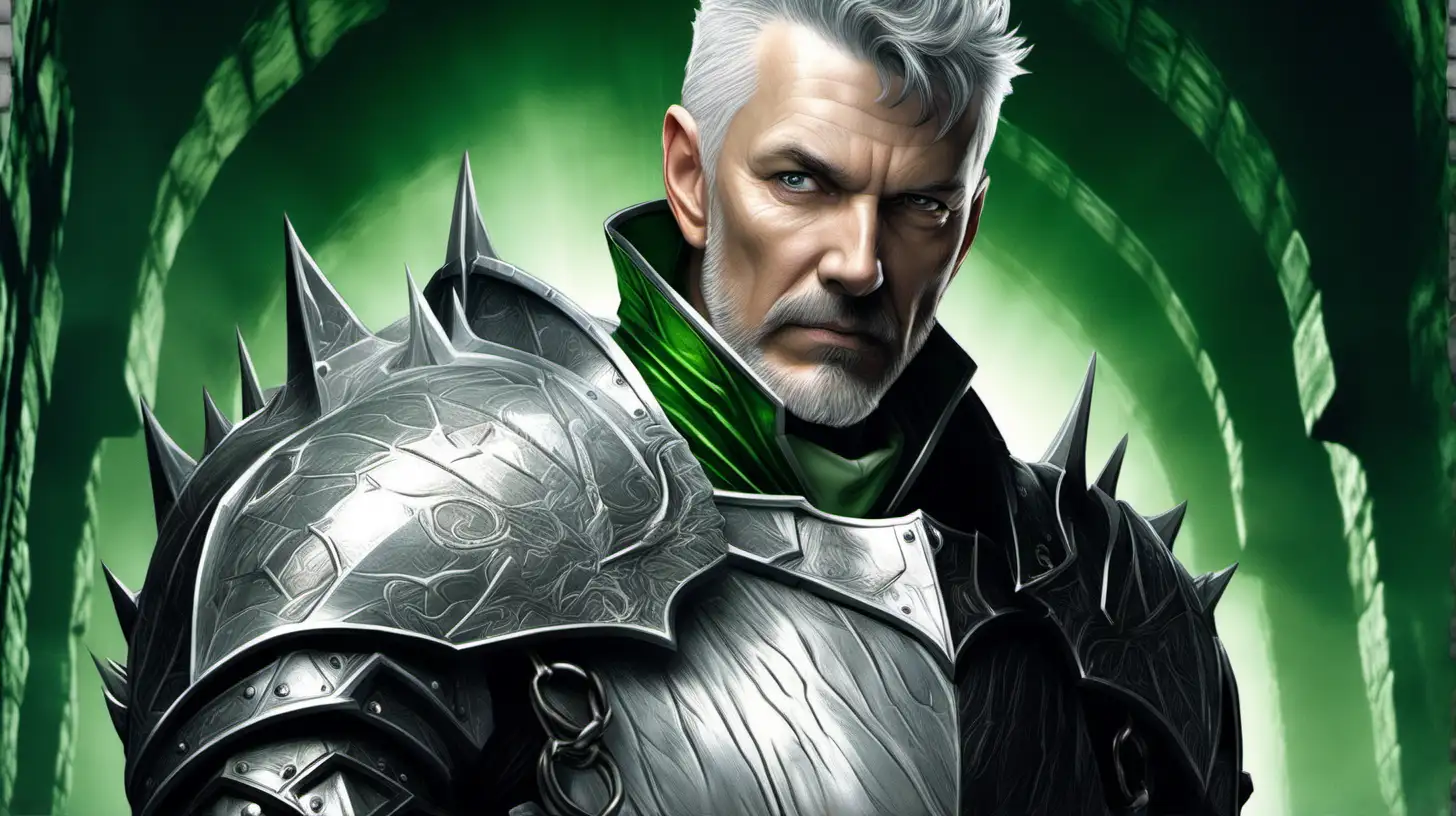 white, younger looking, middle aged man with very short grey hair and a very short grey beard, with no other people in the image,  wearing silver spiked armor, dungeon background with a green hue