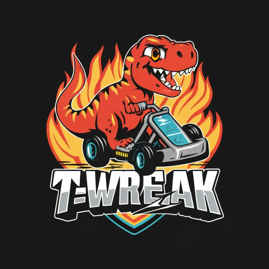 logo, dinosaur in a fiery go-cart crash, with the text "T-Wreak", typography