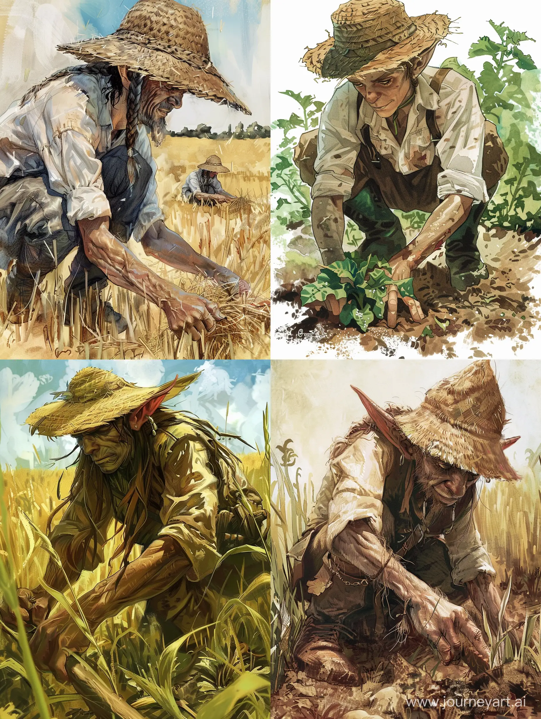Нарисуй эльфа-фермера в соломенной шляпе, и то, как он работает в поле.