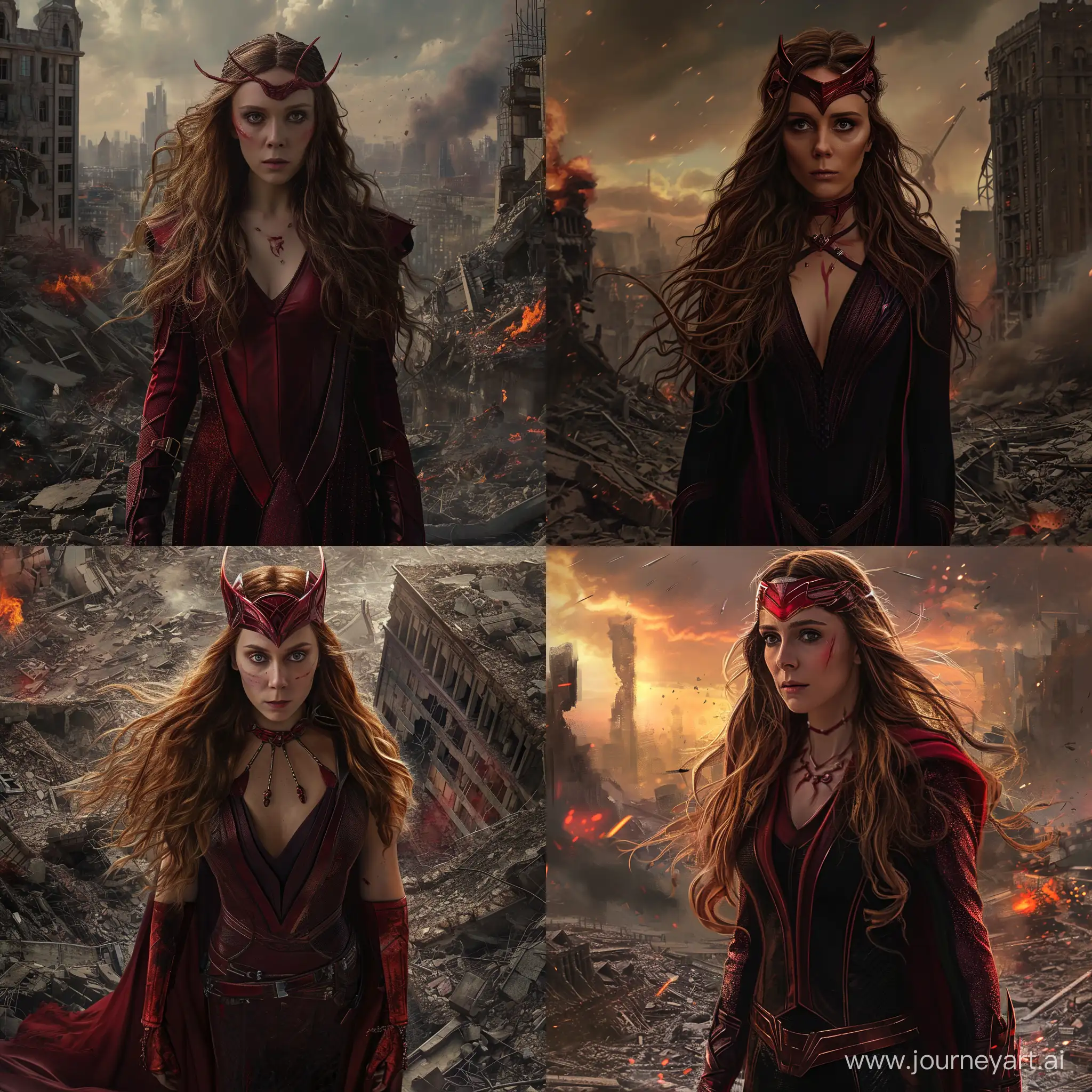 A evil Scarlet Witch on a destroyed city, elizabeth olsen, detailed, portrait, 8k, Marvel