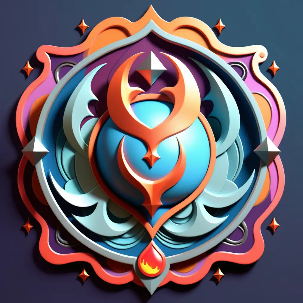 Create me an attacking symbol with a modern twist make it a shield crest for a card game ,  include earcth , wind , water and fire has to be mystic  Make it psychedelic pop
