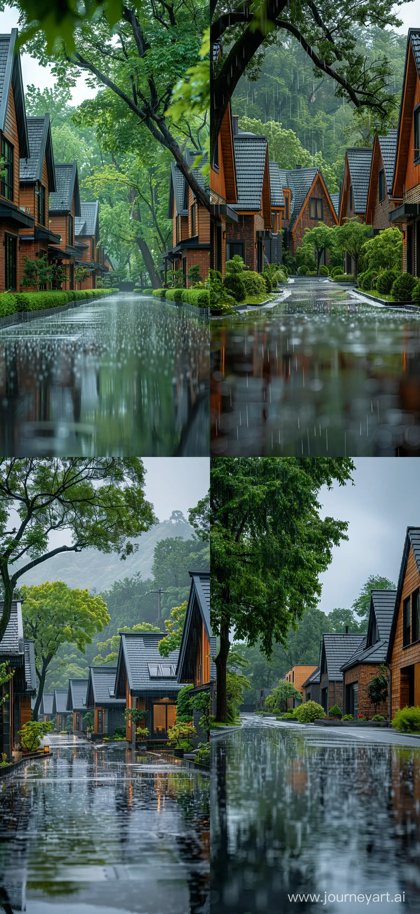 Professional Photography From Street With Modern Gable Houses, Green Tree, Rainy Day, Dreamy Theme, High Quality --v 6.0 --s 500 --ar 6:13