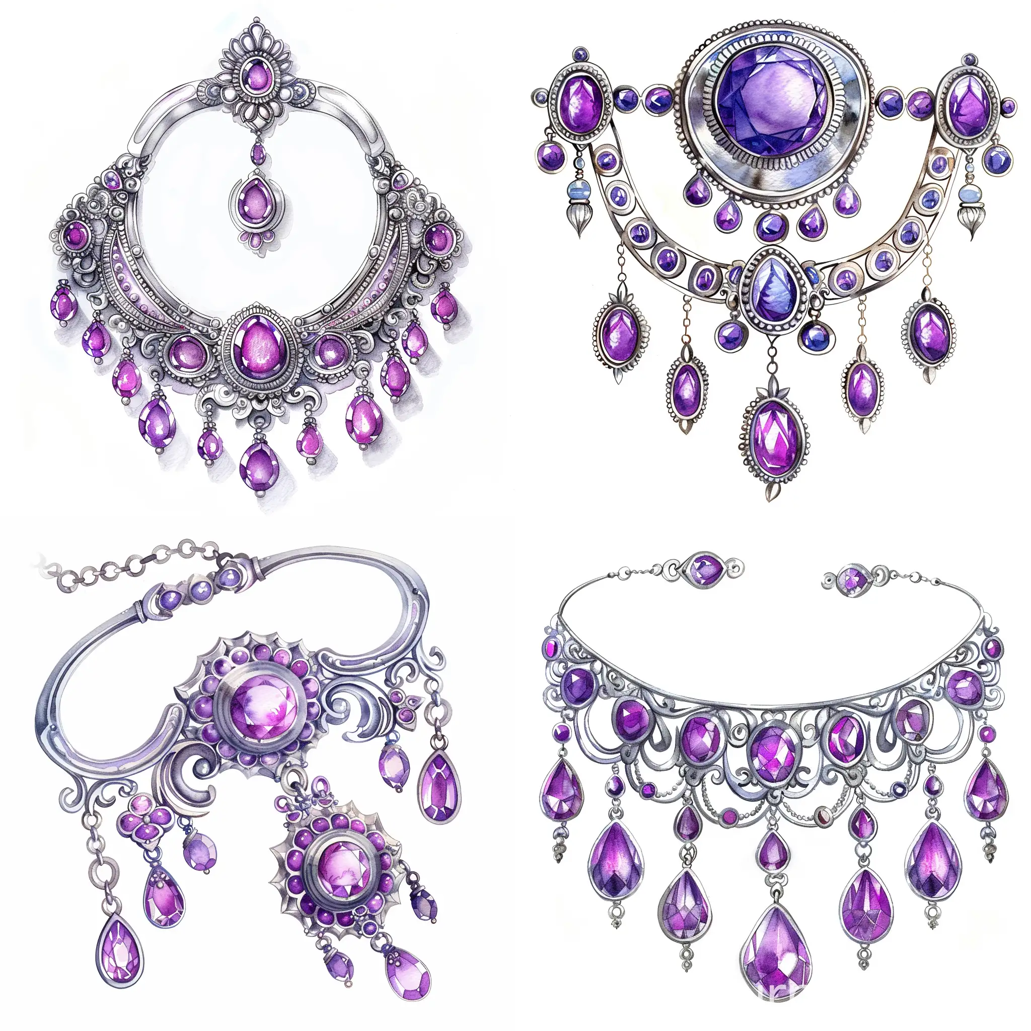 watercolor, handrawn, detailed, delicate, silver, and purple sapphire gemstone Maang Tikka, indian wedding, indian wedding jewelry, indian wedding accessories clip art, isolated on white background, no shadows