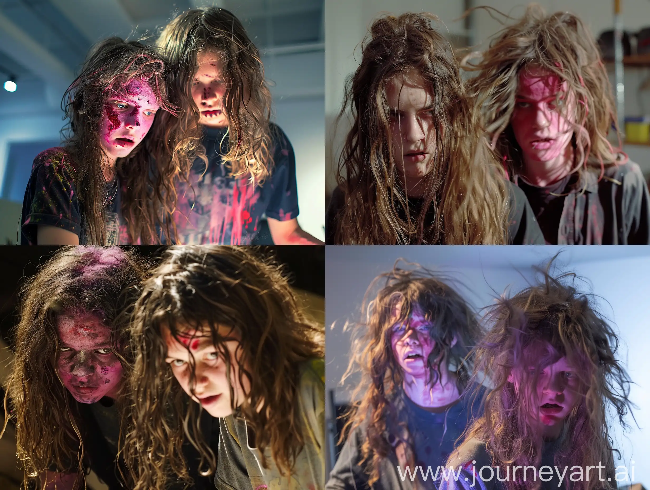 Creative-Collaboration-Young-Artists-with-Tousled-Hair-and-Vibrant-Expressions