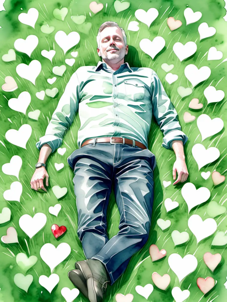 watercolor style, 40 year old white dad lying, fully clothed lying in green grass. He is surrounded by hearts.