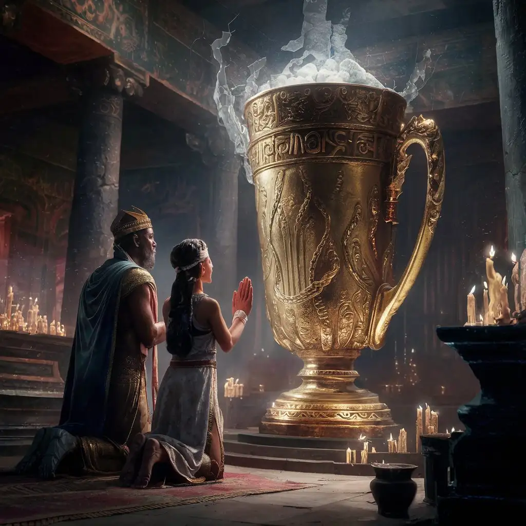 In ancient times, the king and his daughter are worshiping the sacred golden cup in the temple.
