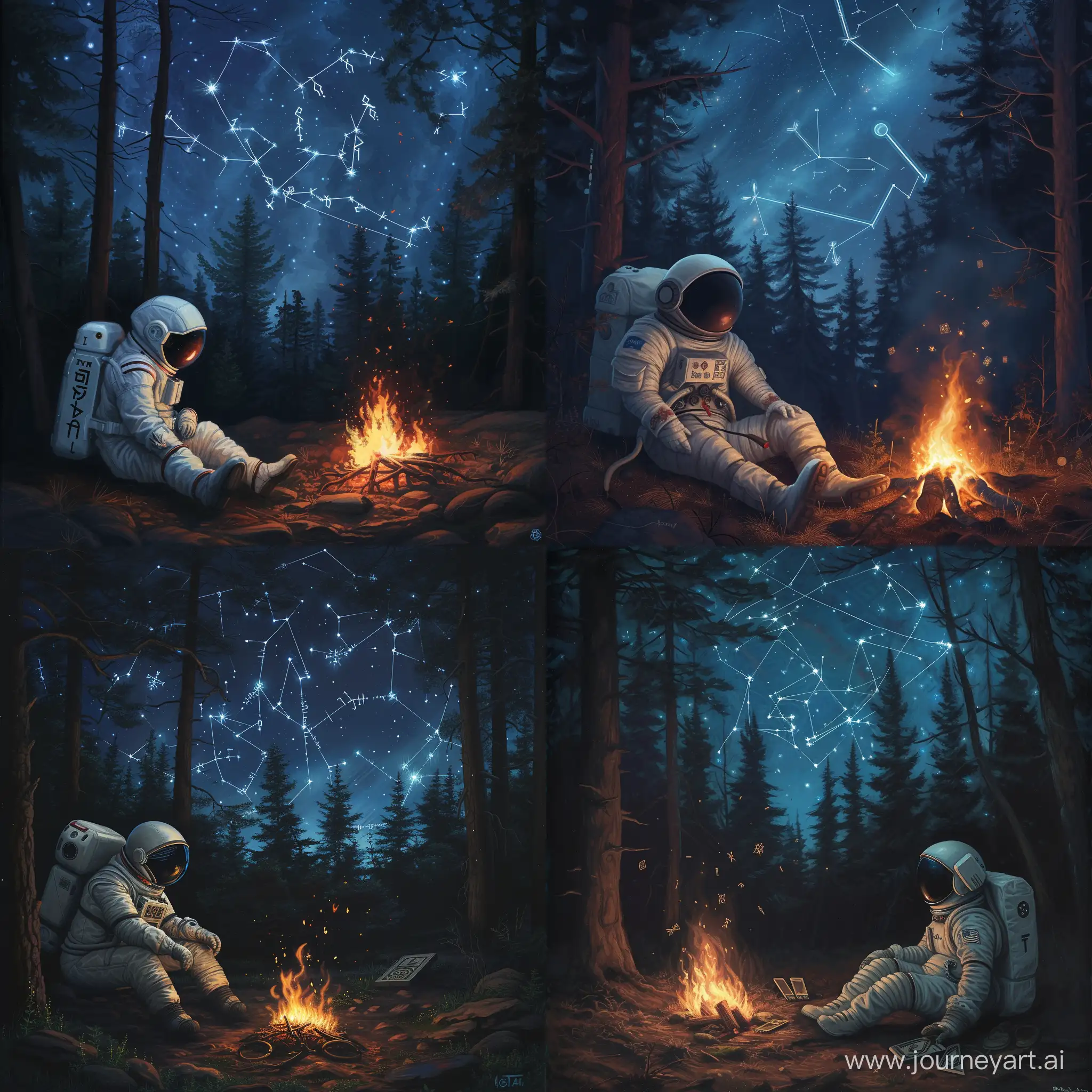 Космонавт сидит ночью у костра в лесу, а сверху звезды и руны