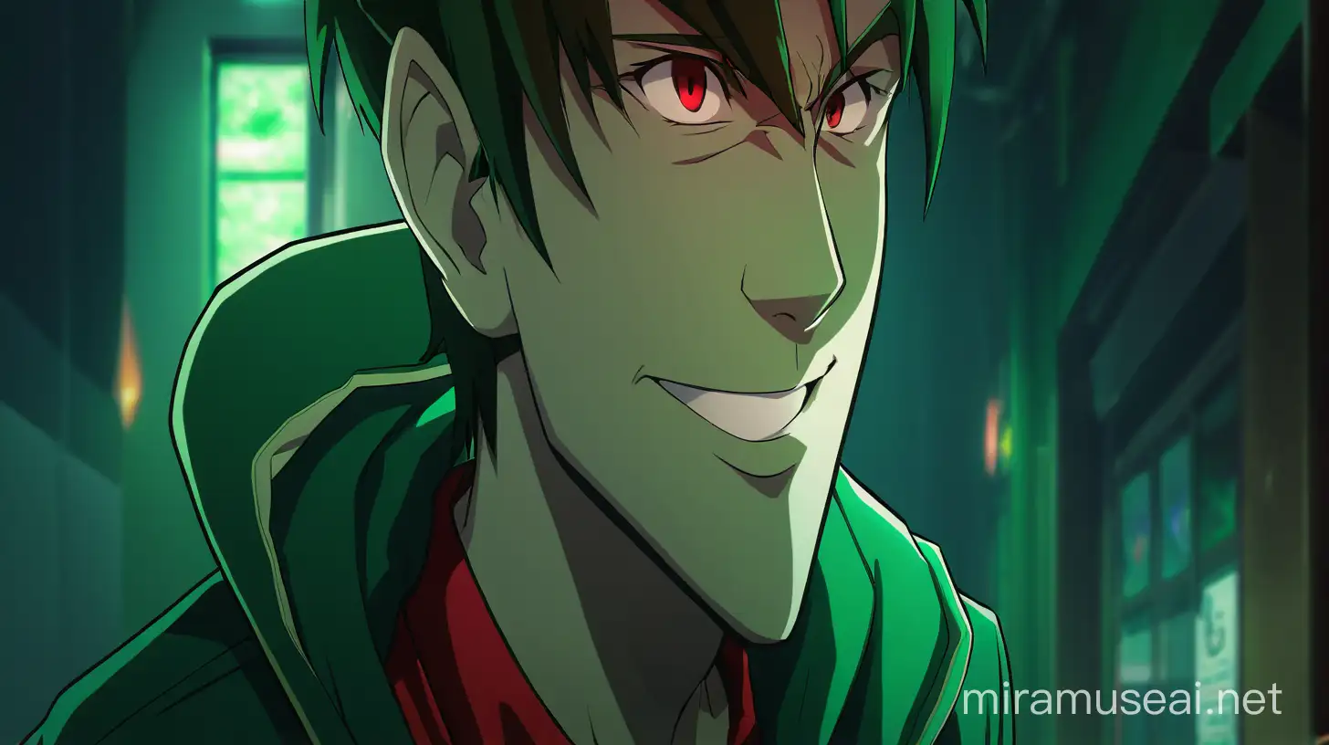 A front body image of an anime male character bending and smiling to talk with someone. He is male, dark green headed, wearing green hoodie with red inner shirt collars, evil smile, badass, criminal, wearing dark green sneakers in anime style