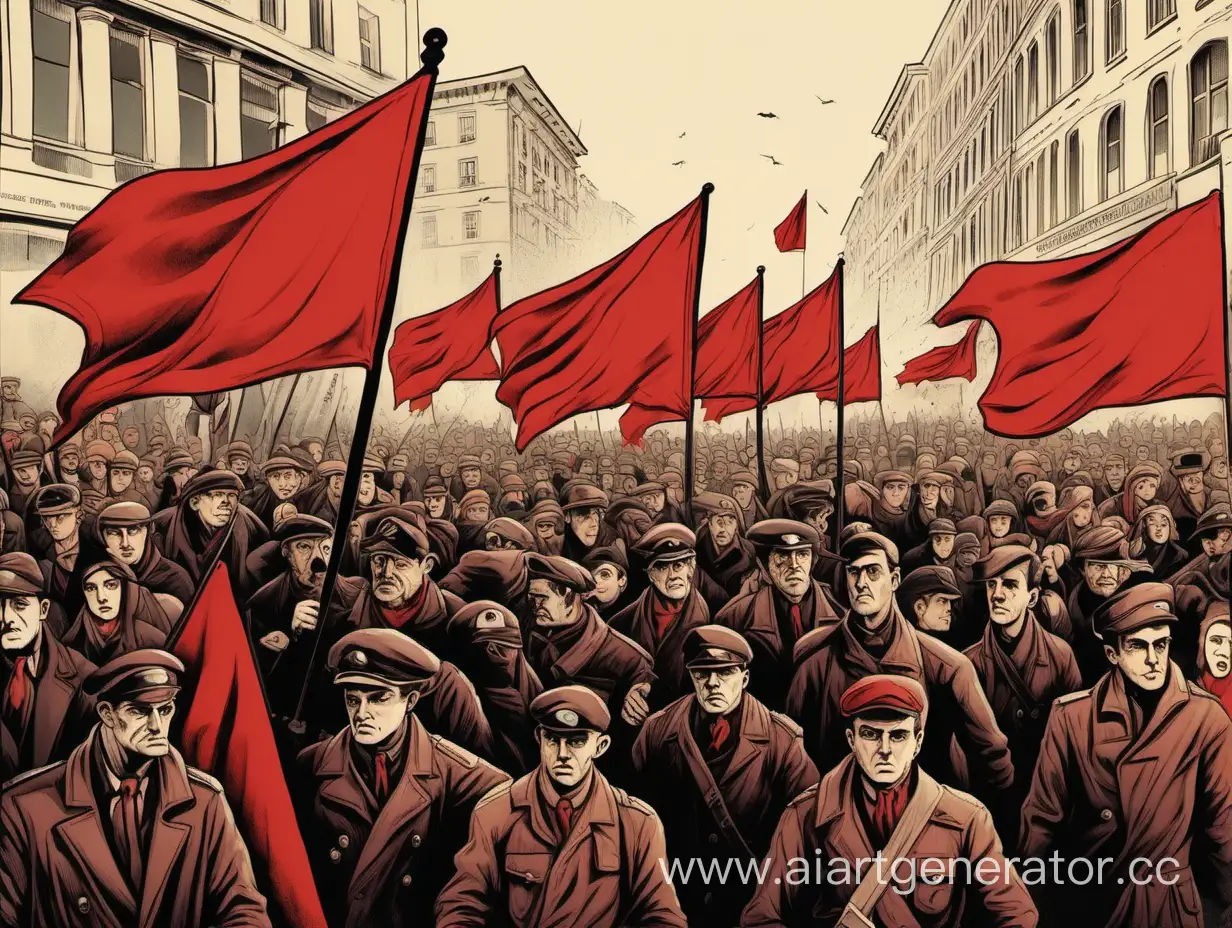 народ борется против фашизма, стоит толпа с красными флагами, фашисты бегут от них