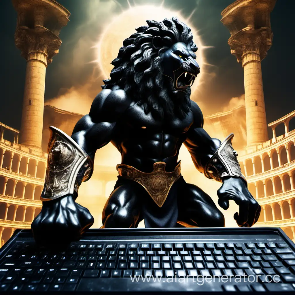 Мускулистый, черный Лев с рогами нажимает на клавиатуру, сражаясь на арене колизея против война света.