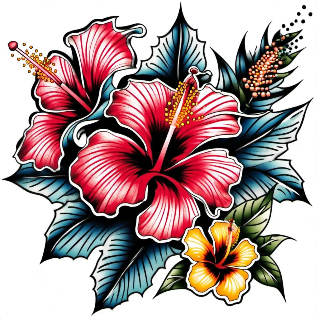 Colorful Hibiscus Flowers in OldSchool Tattoo Design on White Background