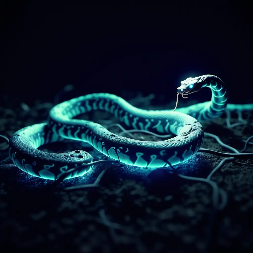 Neuron snake glowing in the dark, cinematic, full body, tilt shift
