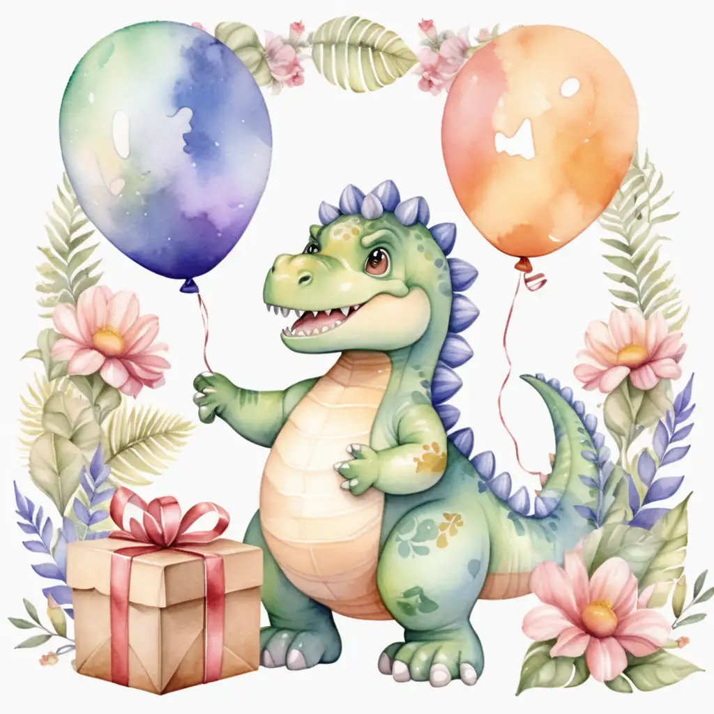 söt lurvig dinosaurie med  ballong i snöre och ett paket i handen o blommig bakgrund, i vattenfärg






