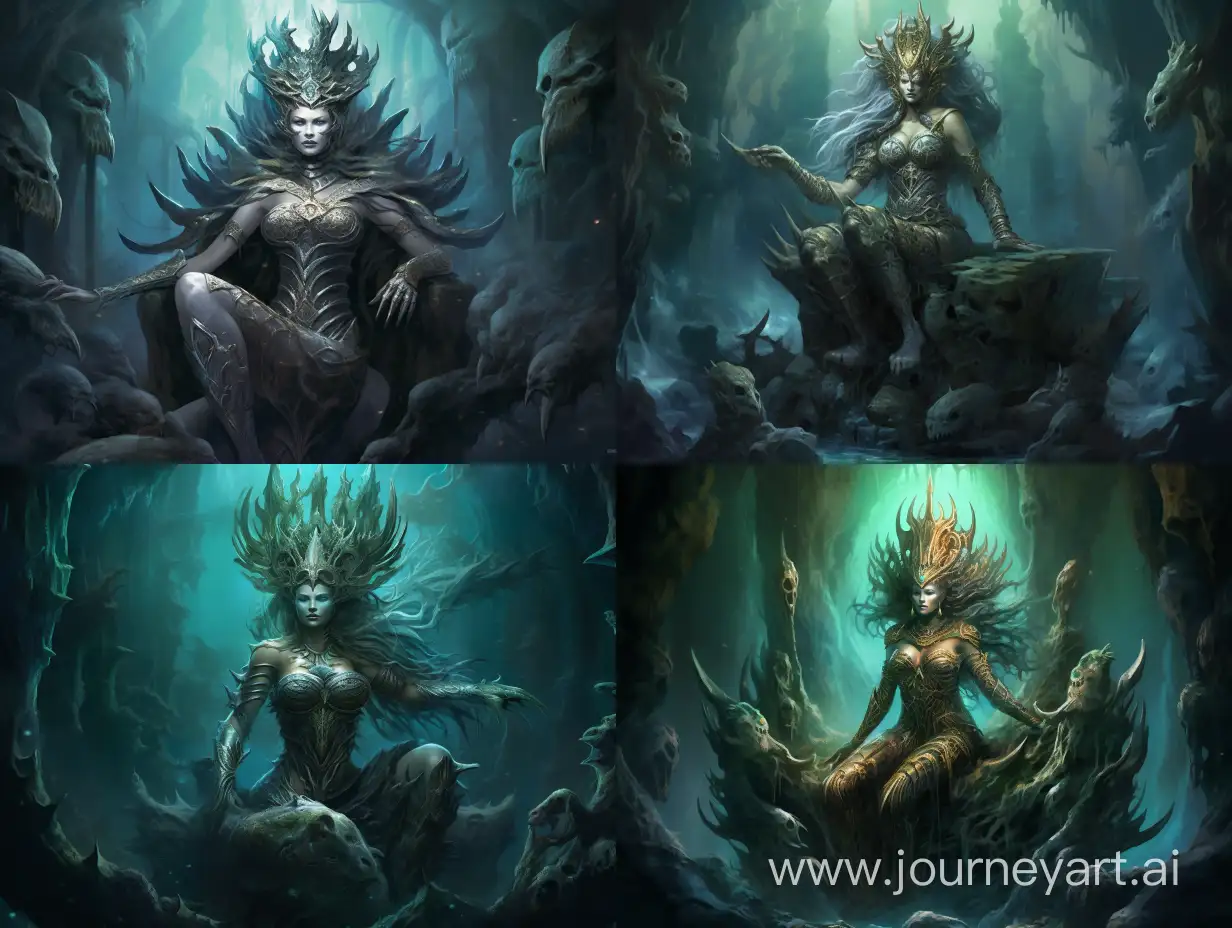Descend into the depths of the ocean, where a regal Mermaid Queen commands her domain from a throne crafted from the remnants of shipwrecks and human bones. Nestled within the confines of an underwater cave, she plots the doom of unsuspecting sailors while her finned subjects bring her offerings. The image is designed to be ultra sharp, capturing every intricate detail with a realistic and highly detailed approach. The artwork aims for photorealism, immersing the viewer in the Queen's world. The resolution is set at an astonishing 32k, ensuring an unrivaled level of clarity and depth (Mermaid Queen:1.5, shipwreck debris:1.4, human bones:1.4, underwater cave:1.3, finned subjects:1.3, offerings:1.3, doom of sailors:1.3, ultra sharp:1.5, realistic:1.5, highly detailed:1.5, intricate details:1.5, photorealism:1.5, 32k:1.5)