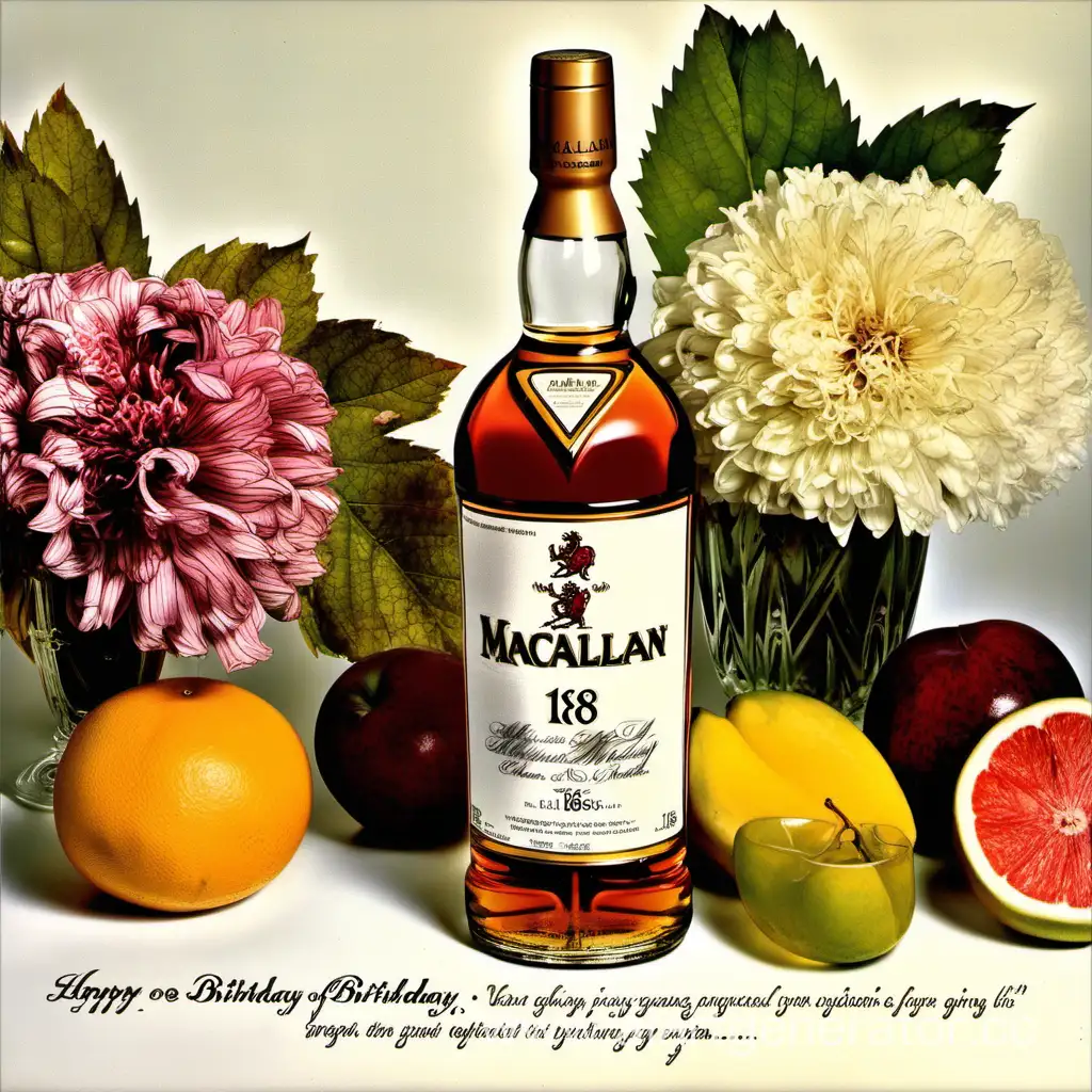 Открытка с надписью с днем рождения, натюрморт виски Macallan 18 лет, фрукты, цветы
