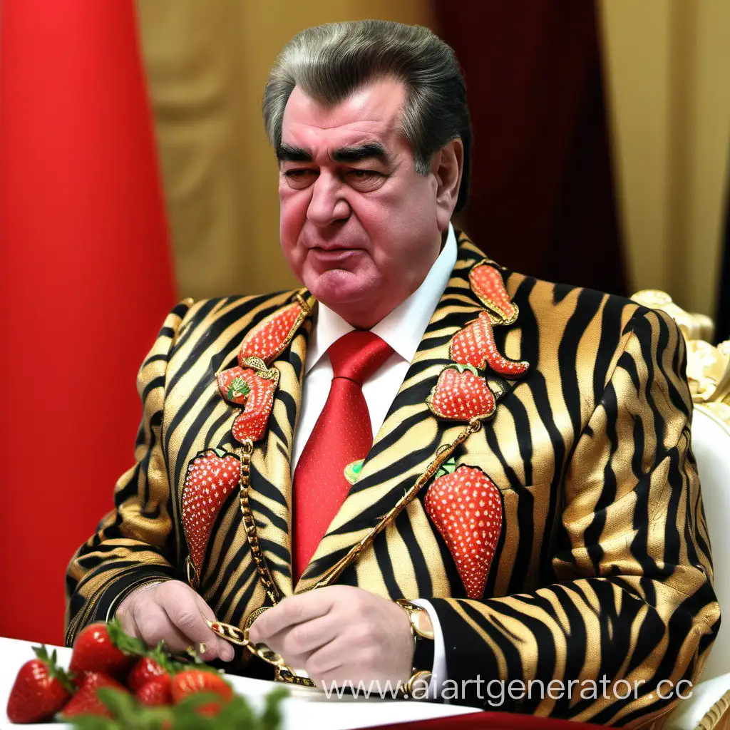 Президент Таджикистана Рахмонов на шея золотая цеп с кулоном S в костюме рисунком тигра репортёры и журналисты,берут интервью камеры микрофоны кушает клубнику 