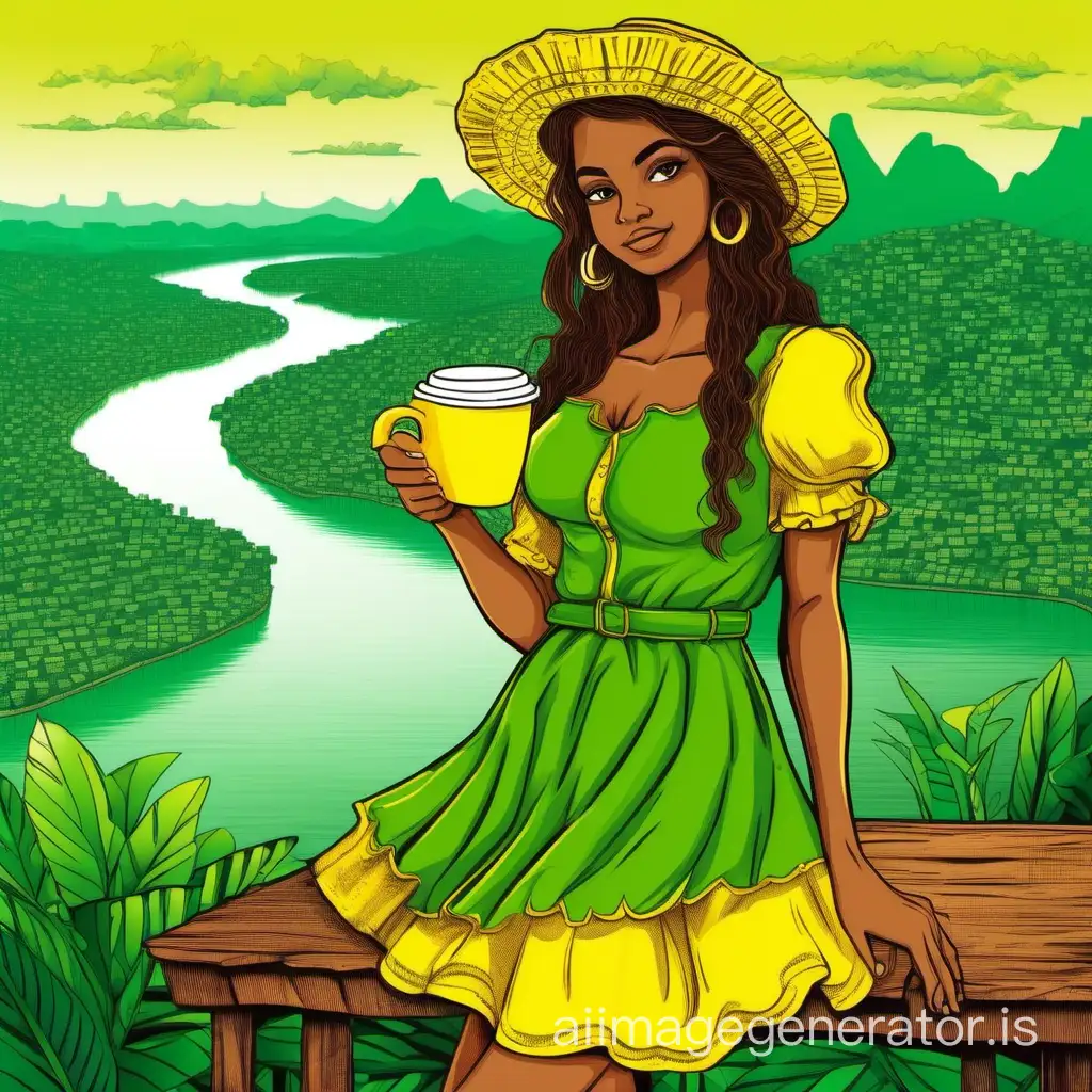 The country Brazil as a girl in a green dress with a yellow cup of coffee against the backdrop of the Amazon River.