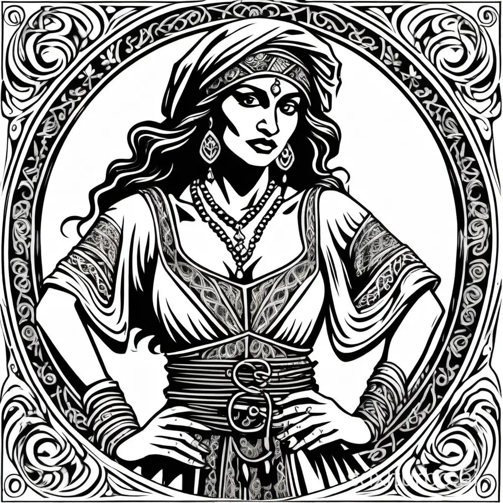 a beautiful gypsy dancer, ((white background, isolated on white, subject only)), close up, masterpiece, block print, simple composition, black and white ink, thick lines, visible cross-hatch, lowres, low detail, 2bit bw, vector, style of 1981 Dungeons and Dragons, by Jeff Dee,