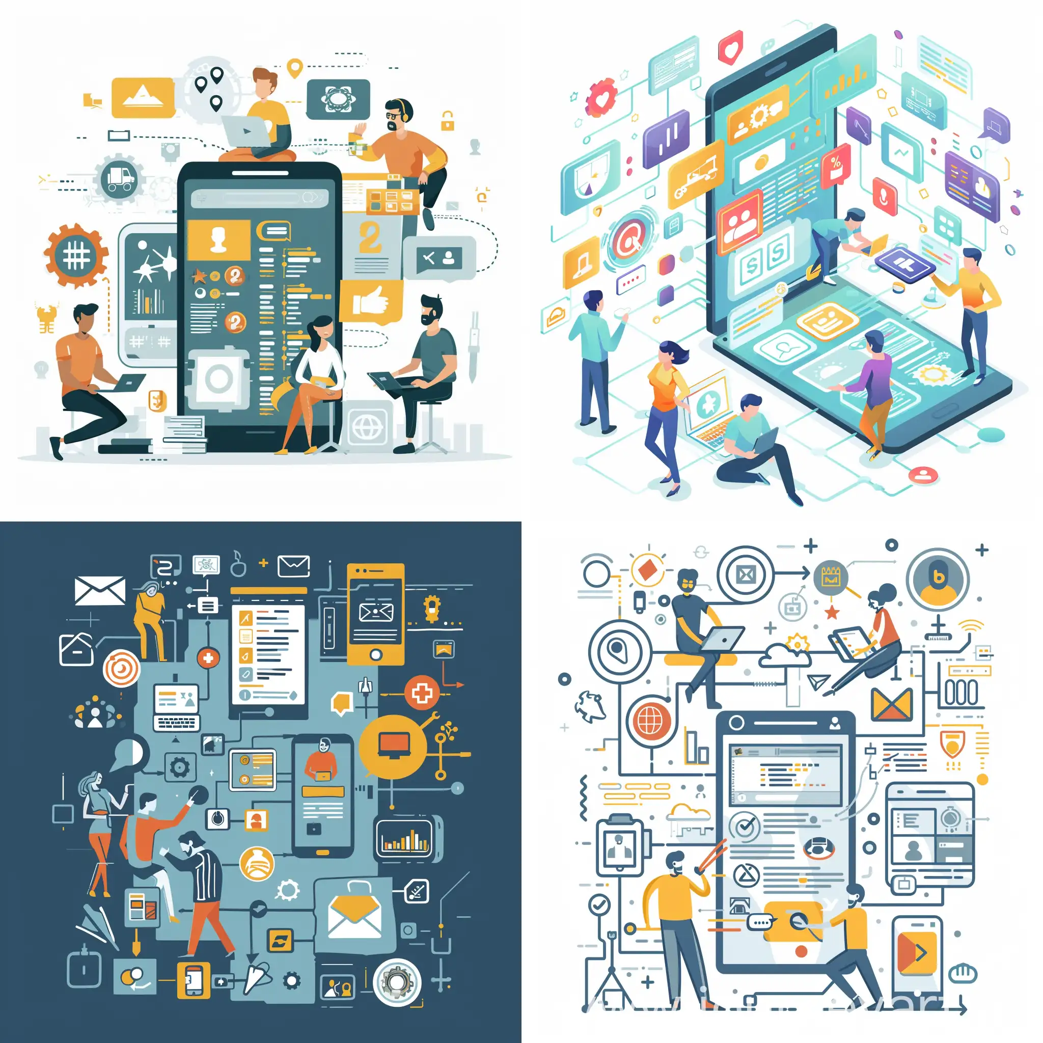 Illustration showcasing a team of developers collaborating on code and design elements, surrounded by icons representing various app features.