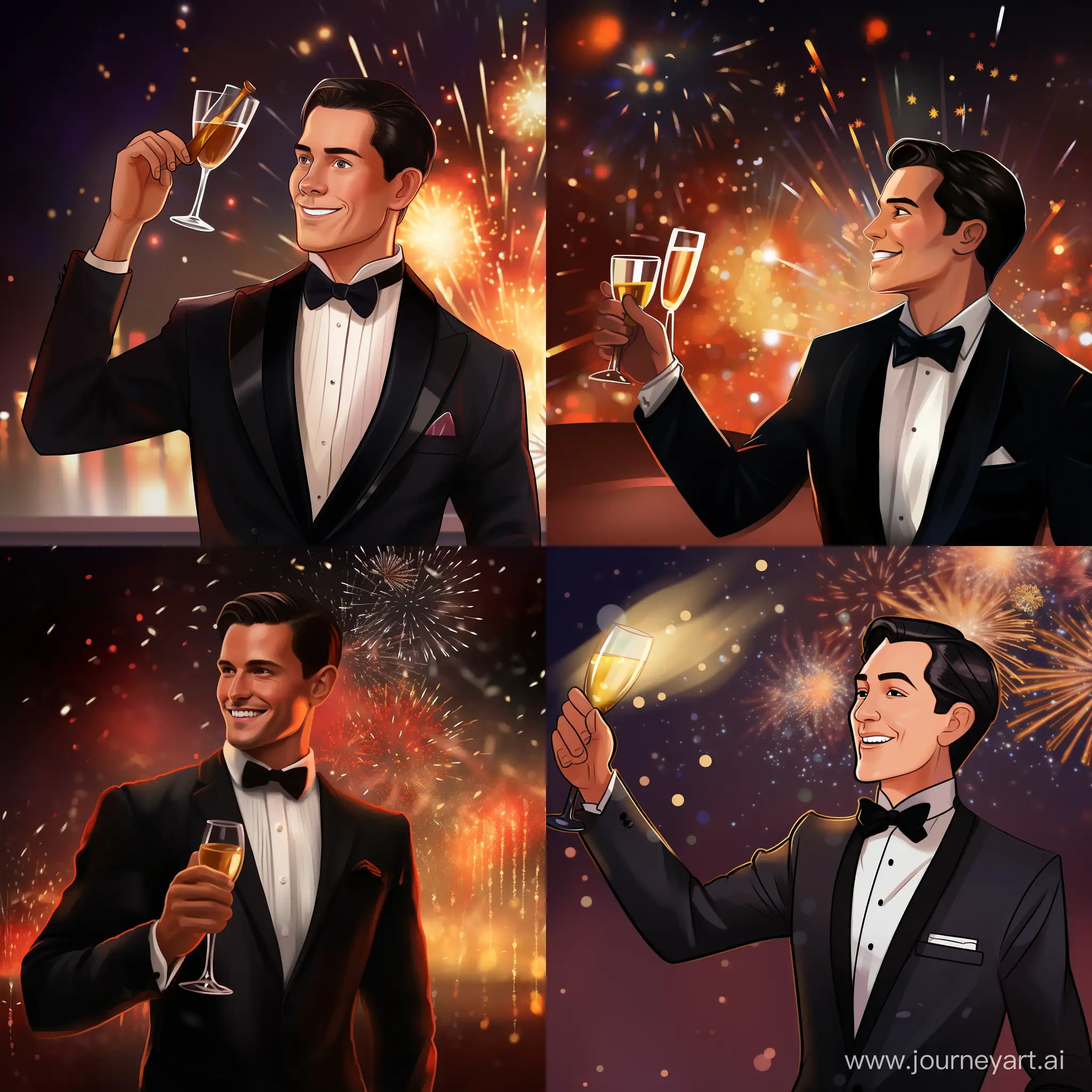 strong built man, dark brown hair slicked back, toasting like The Great Gatsby, wearing a nice suite, fireworks in the background, bokeh background, in cartoon style,