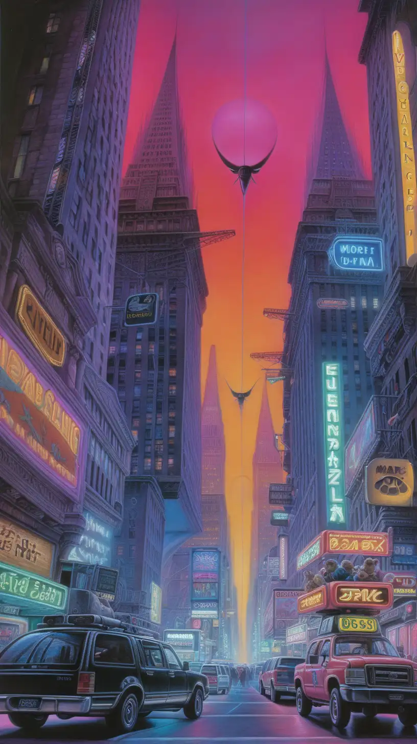 art by wayne barlowe,  plasma, by H.R. Giger, Animal Crossing Characters, dramatic color, by john Constable, canvas, city, neon, by John Kenn mortense, tonal colors, busy, swings hanging from skyscrapers