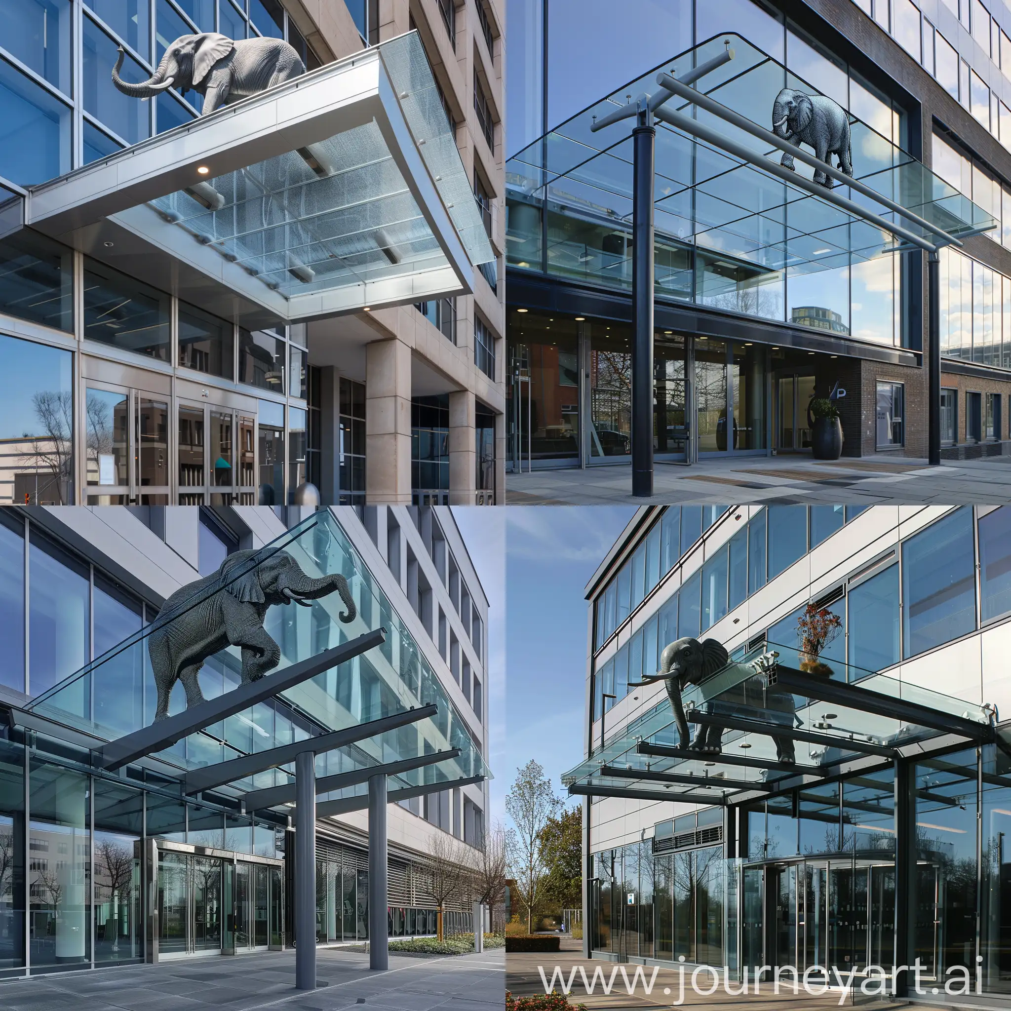 A glass canopy over the entrance to the office building. There is an elephant on the canopy