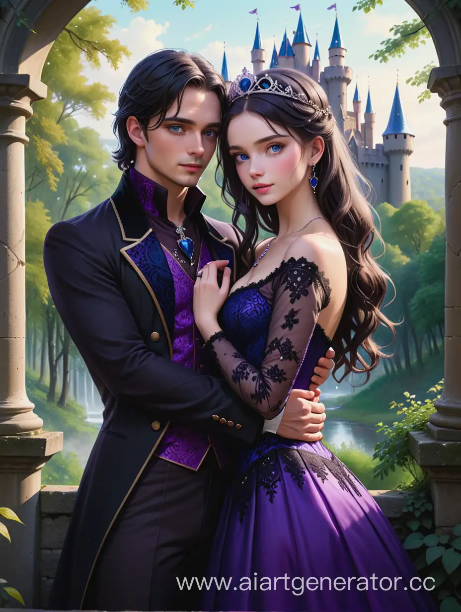 Enchanted-Forest-Romance-Girl-in-Purple-Dress-and-Guy-in-Tailcoat-Embrace-by-Castle