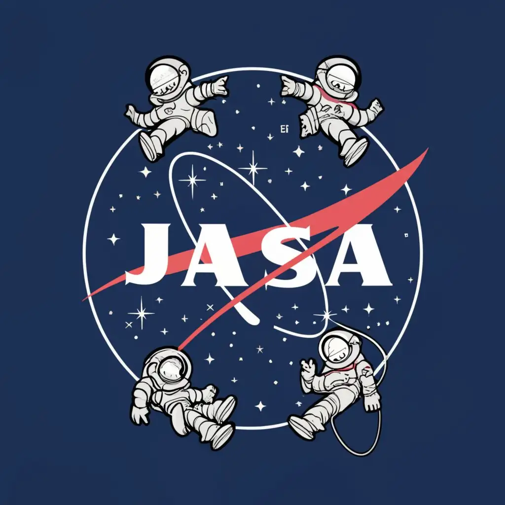 a logo design,with the text "JASA", main symbol:make the JASA logo implement the NASA logo, in addition there are four astronauts in the logo, make it look majestic and cool,complex,clear background