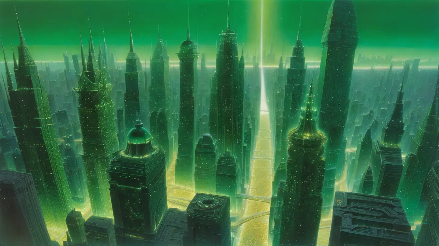 Ethereal Cityscape in Emerald Green and Gold Biomechanical Paradox by Wayne Barlowe and Makoto Shinkai