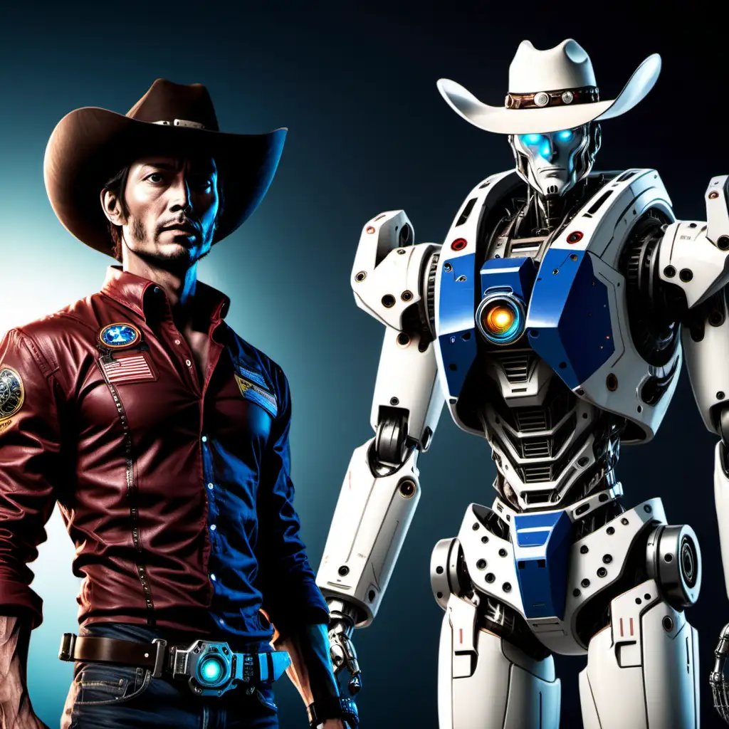 space cowboy with hat and no beard standing next to human robot both caring six shooters with a space craft




