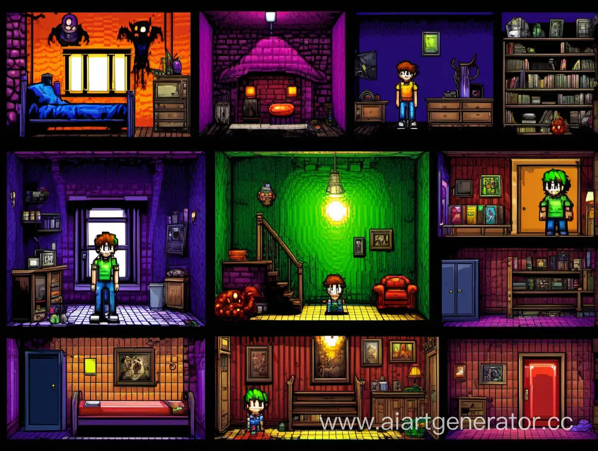 Draw a colorful 16-bit character for a horror quest platformer about an ordinary teenage guy who wakes up in a creepy house full of mysteries with scary creatures.