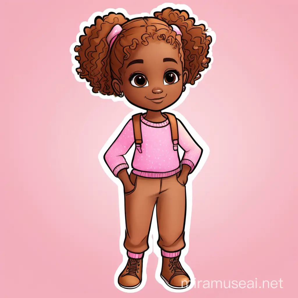 Character illustration, character standing, legs, hands,Your Story Character’s Name & Short Description
One of the main characters is named Brixx. She is close to caramel colored skin, she has two curly pigtails,
big round almond brown eyes, she has on pink jumper with a white under shirt.
Character's Gender Female
Character's Age 18 months old
Character's Ethnicity African American
Character's Skin Color Caramel brown color
Character's Hair Color Brown
Character's Hair Style Curly puffy tails
Character's Eye Color Almond Brown
Character's Clothing Pink jumper or jumpsuit with a white under shirt
Any Special Features? Rounded eyes 