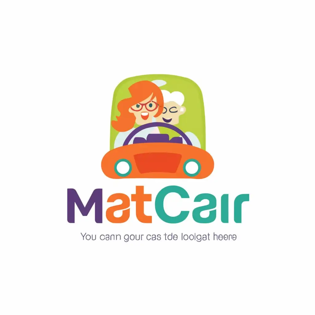 a logo design,with the text "MATCAR", main symbol:Create a logo for an application that is dedicated to driving people in cars. In the logo, there should be a colorful car, with a teenager happily driving at the wheel inside, a driving instructor as a co-pilot, and an elderly woman with curly white hair and a floral dress holding a medical report in the back seat.,Moderate,clear background
