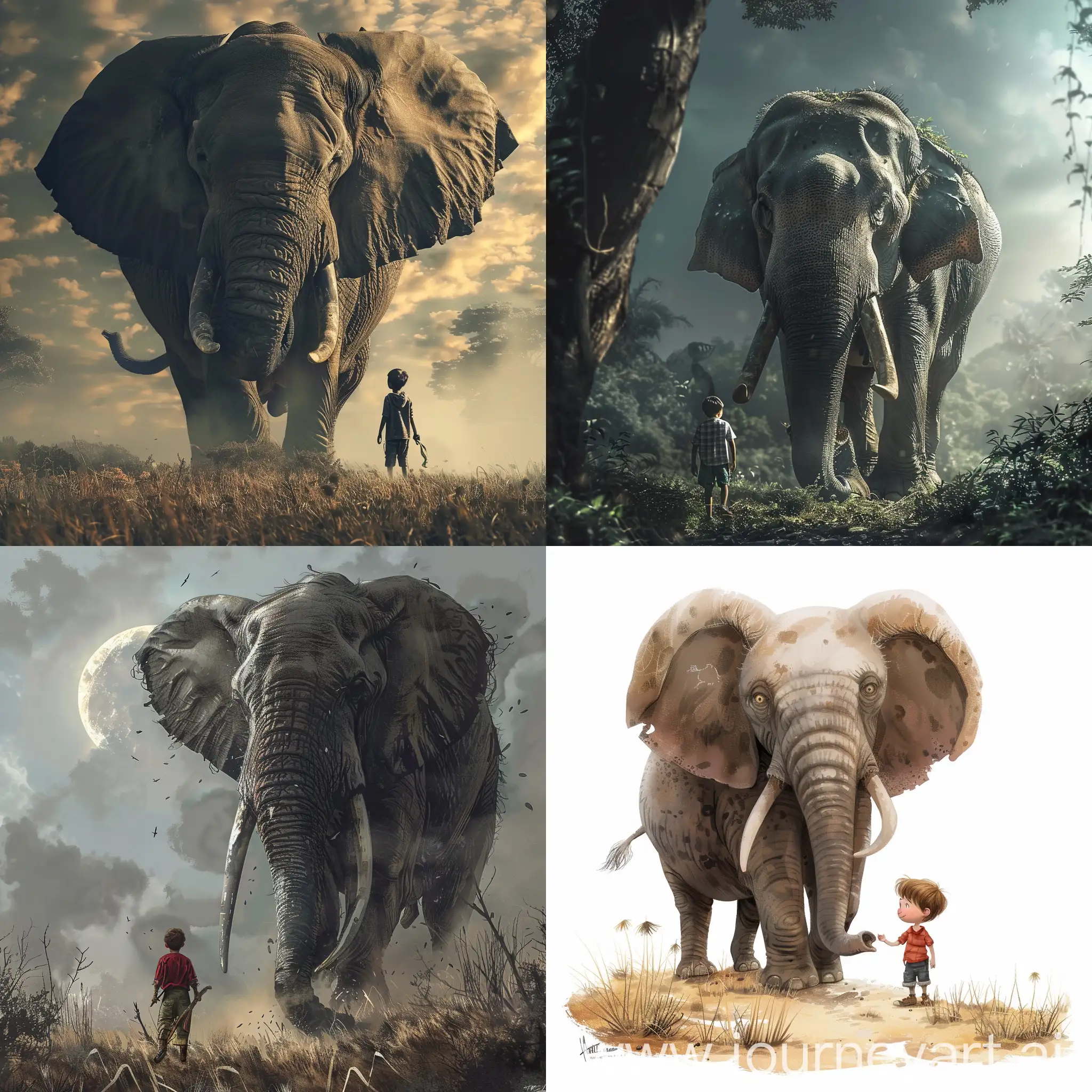 A boy Hunter and a giant elephant