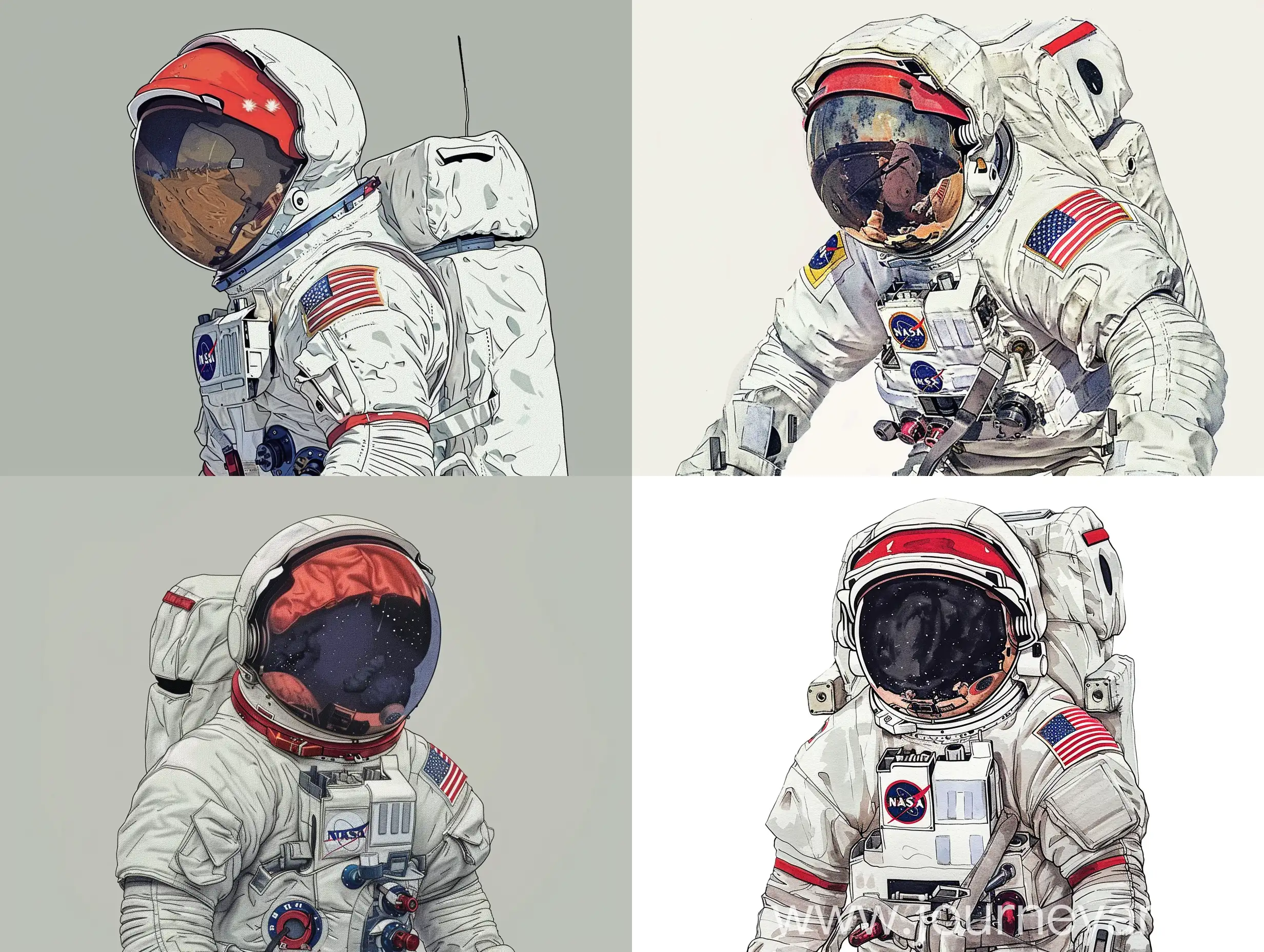 draw an astronaut wearing the typical NASA space suit but with a red helmet.