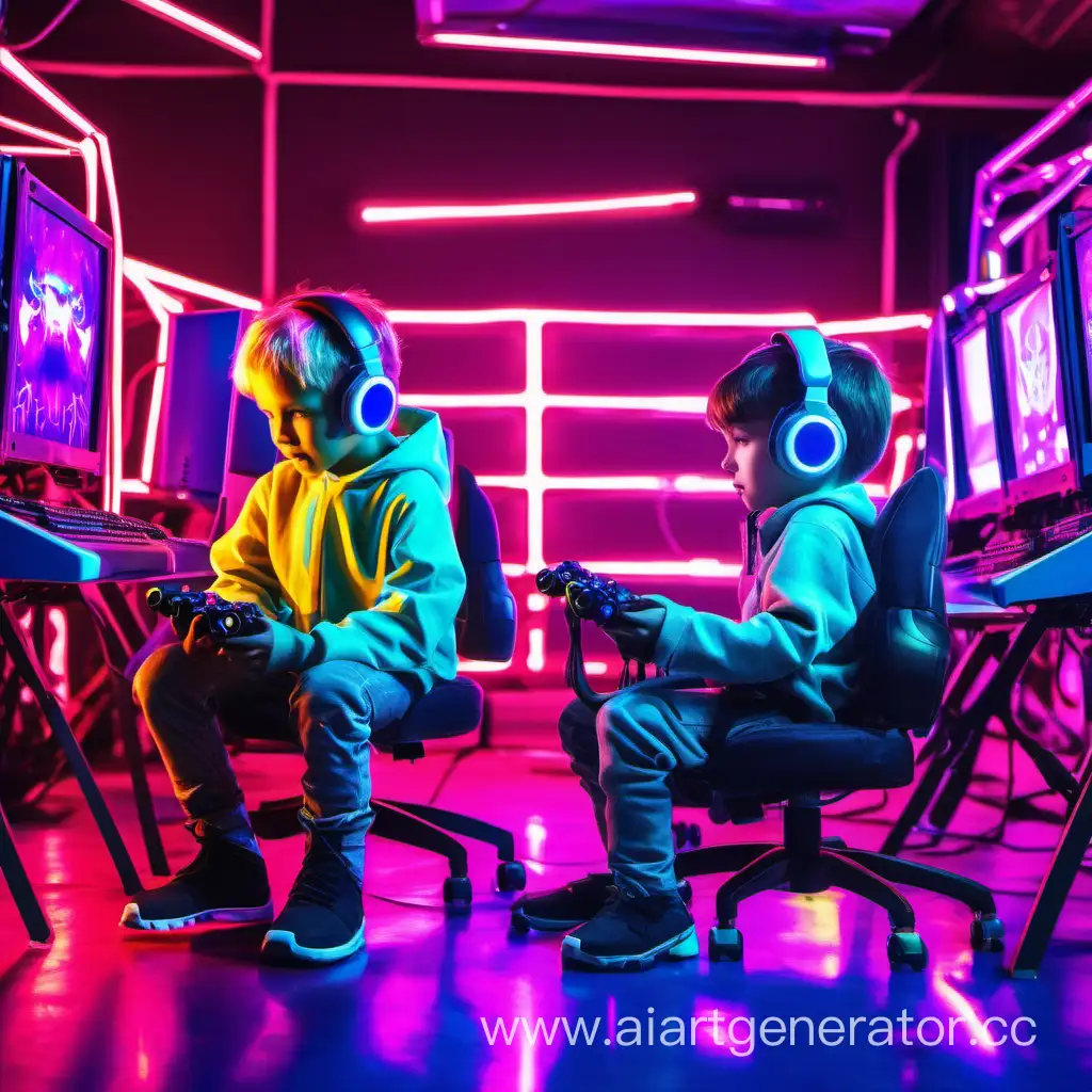 Дети киборги играют в компютер, на заднем фоне геймерская комната  все ярко неоновых цветах