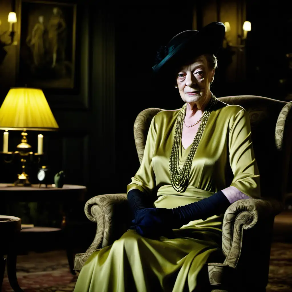 Actress Maggie Smith as 1930's lady in chartreuse dress with black hat sitting in armchair in dimly lit dark room of large manor house at night