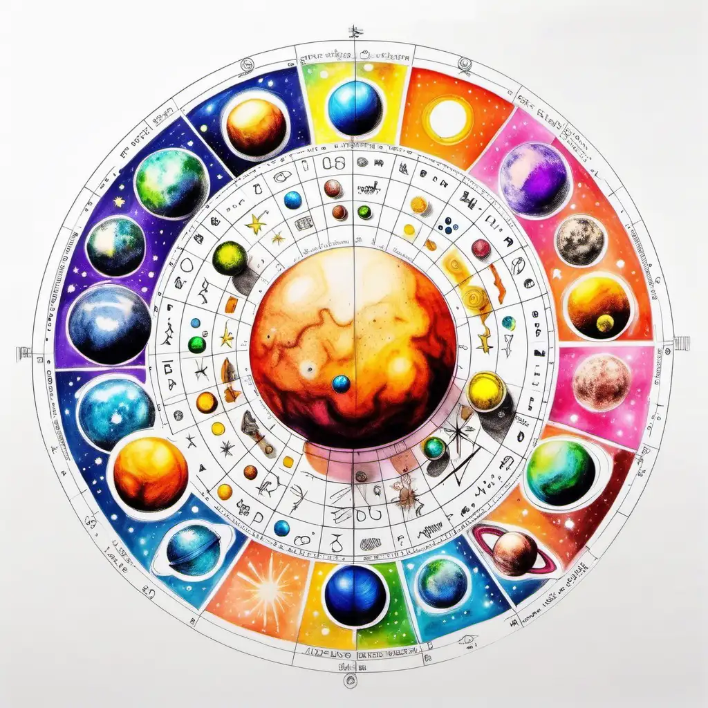 astrology colorful planet icons drawing  on pure white paper   front view 