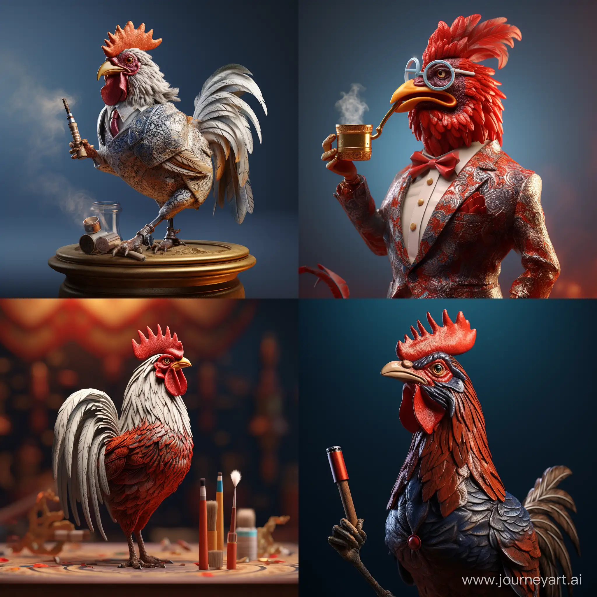 Rooster as a 3D blender, standing on a cigarette holder Top detail, 4k , cienmatic