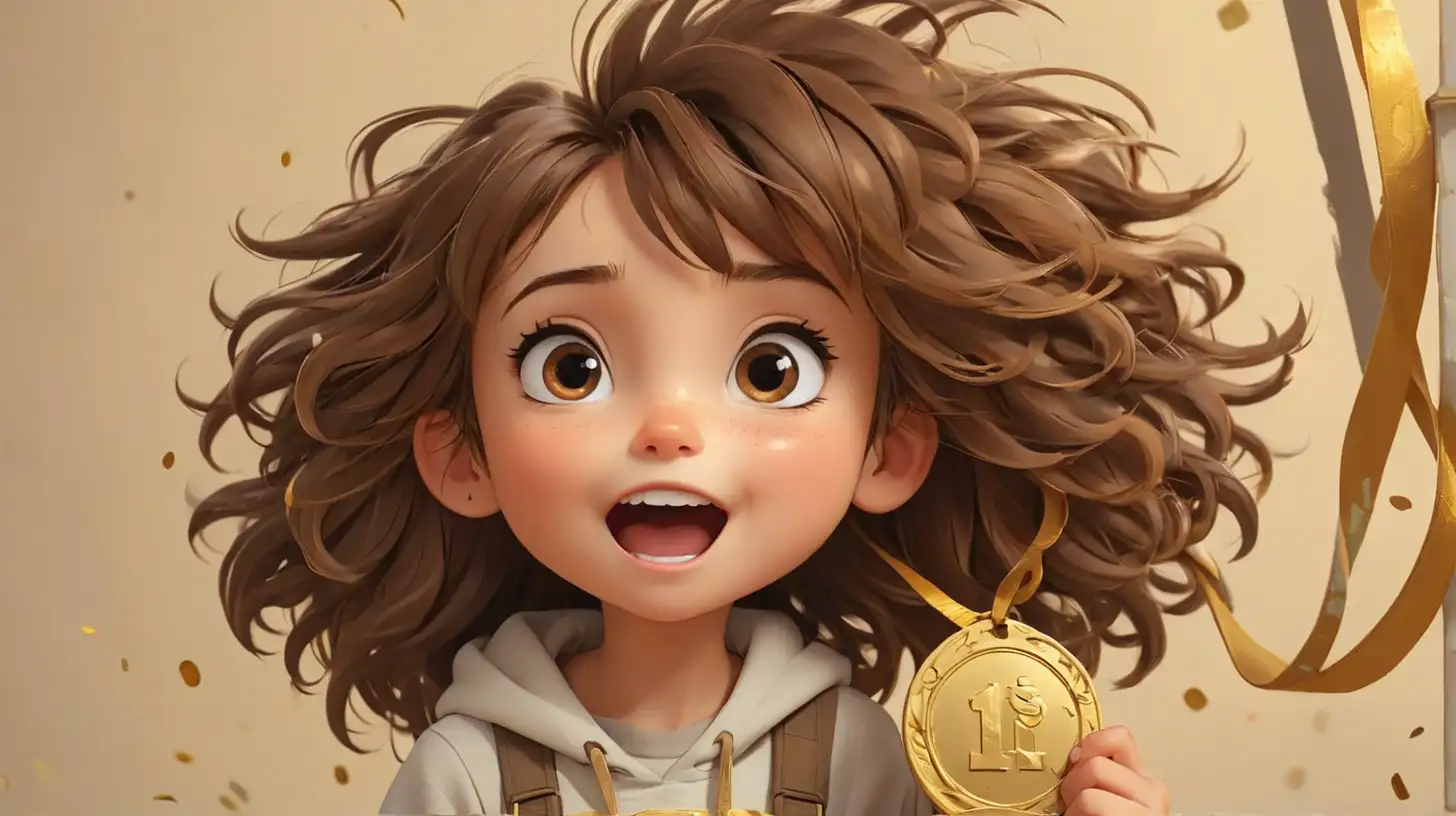 little cute girl  5 years old character ,brown messy hair,
 the highest rung of the ladder of honor and to be decorated with the gold medal , happy background, multiple poses and expressions ,flat color, in the style of chibi, detailed - iar 16:9