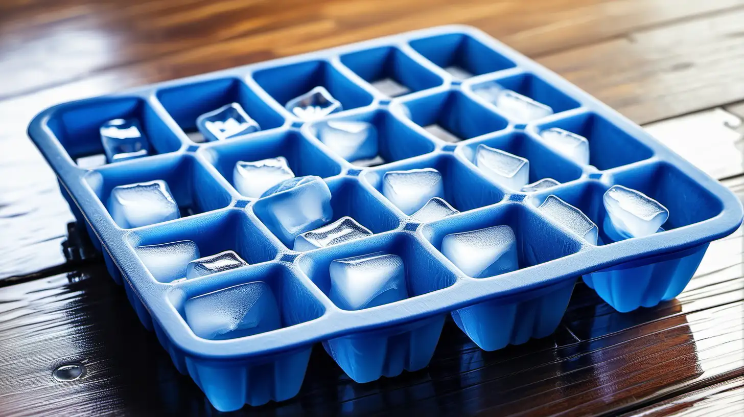 blue ice cube tray on wood floor close up.
