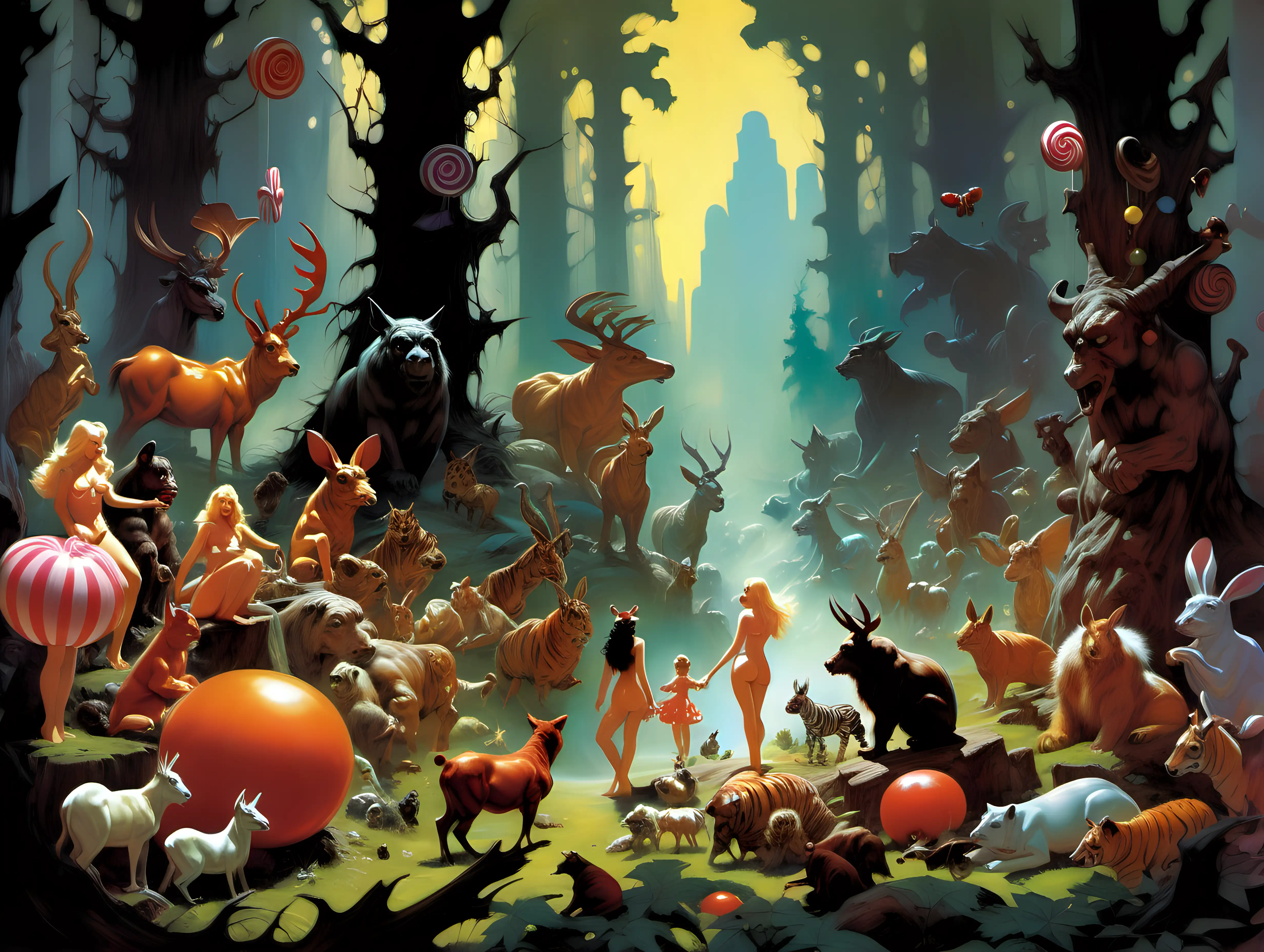Candy story in the middle of an enchanted forest surrounded by animals Frank Frazetta style