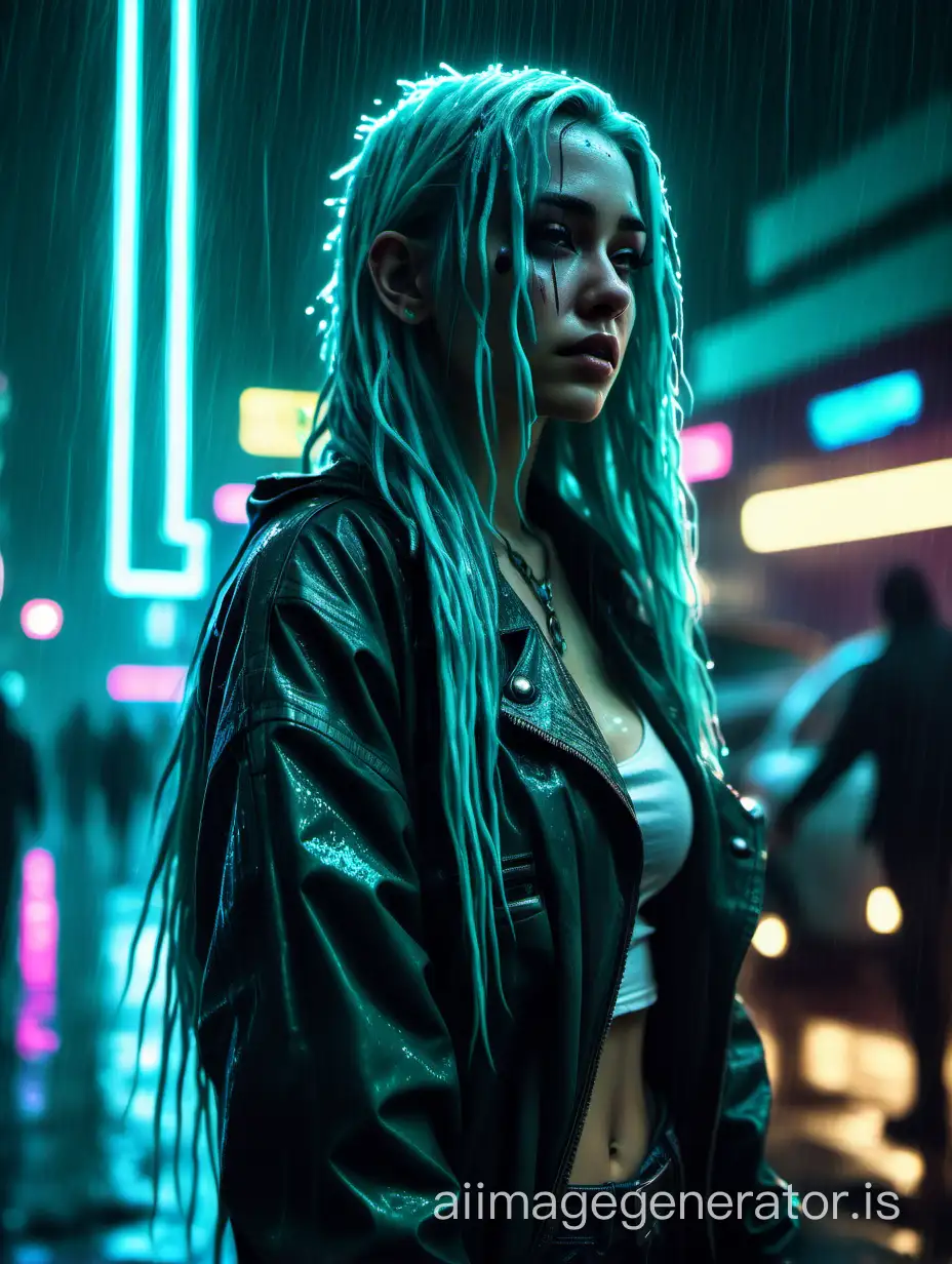 Cyberpunk style, night, girl with long turquoise hair, downpour, neon lights, cinematic, realism