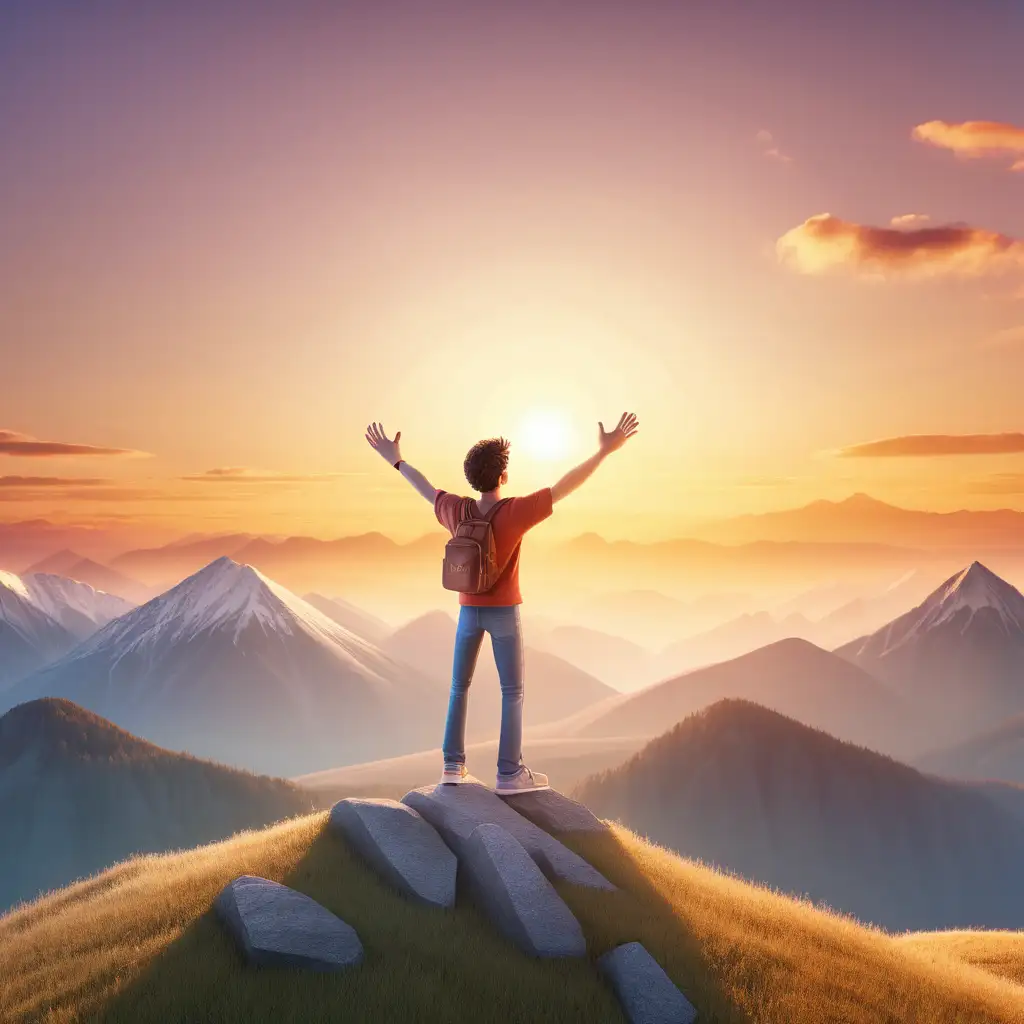 Create a 3D illustrator of an animated scene of a young man spreading his hands, feeling the sun set on the top of the mountain. Beautiful and spirited landscape background illustrations.